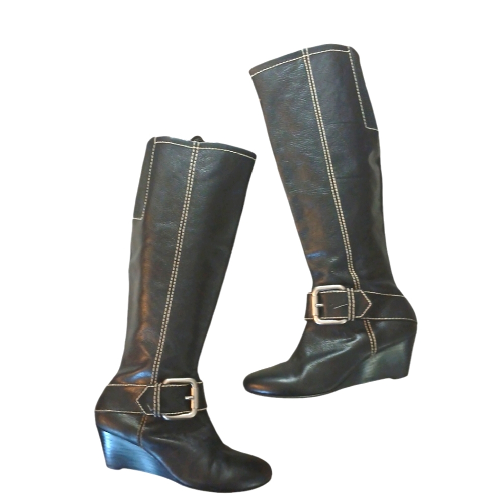 Fossil Black Leather Knee High Wedge Boot Size 8
